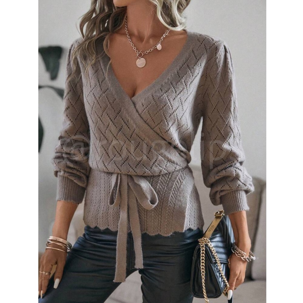 Mocha Brown Wrap Cardigan Long Lantern Sleeve Ties - Picture 6 of 10